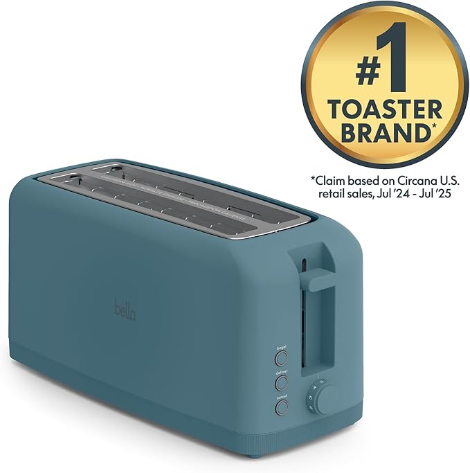 bella 4 Slice Slim Toaster, Fits-anywhere Kitchenware, 6 Setting Shade Control with Reheat & Cancel Buttons, Fits Sourdough, 10” Long Slot, Anti Jam & Auto Shutoff, 900 Watt, Surf