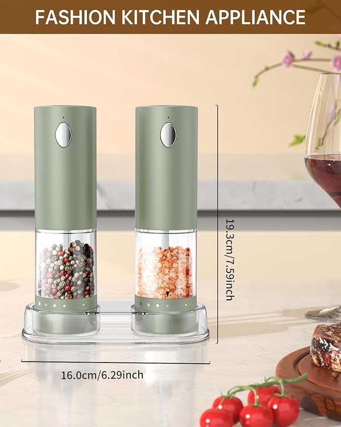 CIRCLE JOY Electric Salt and Pepper Grinder Set Rechargeable Salt and Pepper Mills with Storage Base, Adjustable Coarseness and LED White Light, Washable 95ml Container, Green