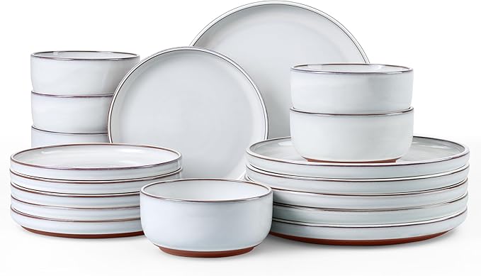 E-far Stoneware Dinnerware Sets for 6, 18 Pieces Reactive Glaze Plates and Bowls Sets, Elegant Dishes with Rustic Terracotta Clay Base, Dishwasher & Microwave Safe, Scratch Resistant, Glacier White