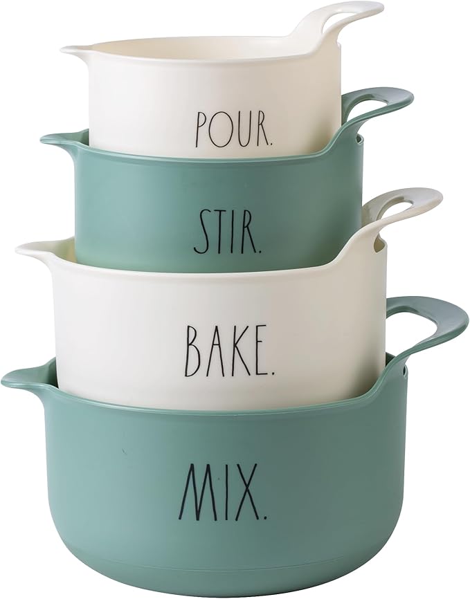 Rae Dunn Non-Slip Mixing Bowls - 4 Piece Nesting Plastic Mixing Bowl Set with Pour Spouts and Handles-Measurement Markings (Sage)