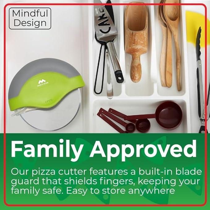Mindful Design Pizza Cutter Wheel with Protective Blade Cover, Easy to Clean and Dishwasher Safe Ergonomic Pizza Slicer (Green)