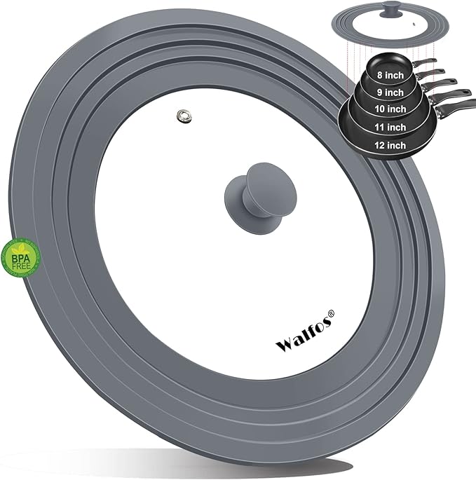 Universal Lid for Pots, Pans and Skillets - Walfos Tempered Glass Pan Lid with Heat Resistant Silicone Rim, BPA Free Large Pot Lids Fits 8" to 12" Diameter Cookware, Dishwasher-Safe, Grey