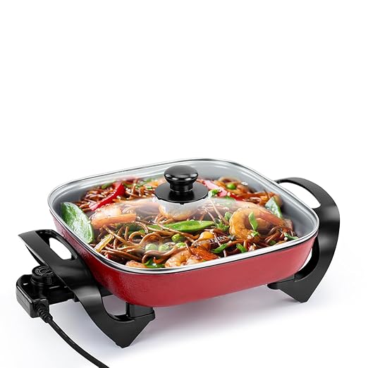 Holstein Housewares 12-Inch Electric Skillet - 1400W Electric Pan with Adjustable Temperature Control, PFOA-Free Non-Stick Coating, Cool-Touch Handles, Multi-Function Cooker, Red