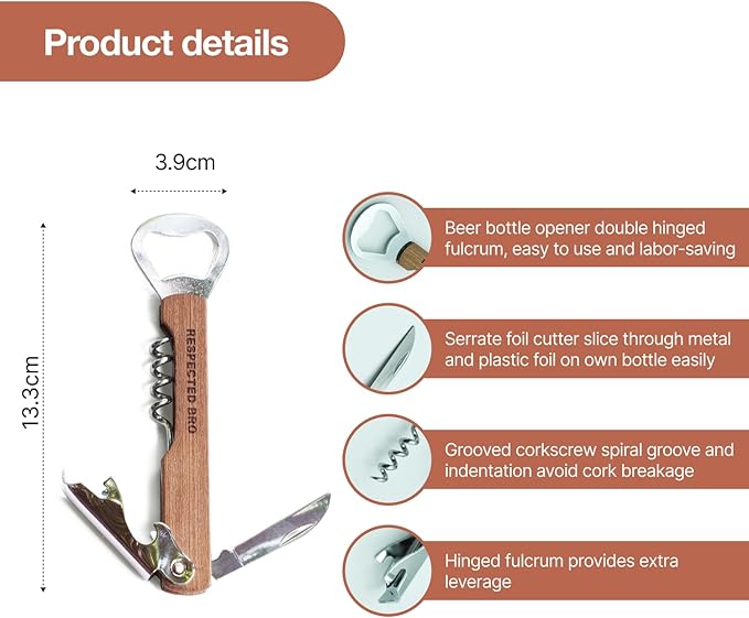 Multifunctional Corkscrews Wine Opener with Foil Cutter and Bottle Opener, Classic Wooden Wine Opener Corkscrew for Home Bar Tool, Idea Gift for Sommelier, Bartenders, and Wine Lovers