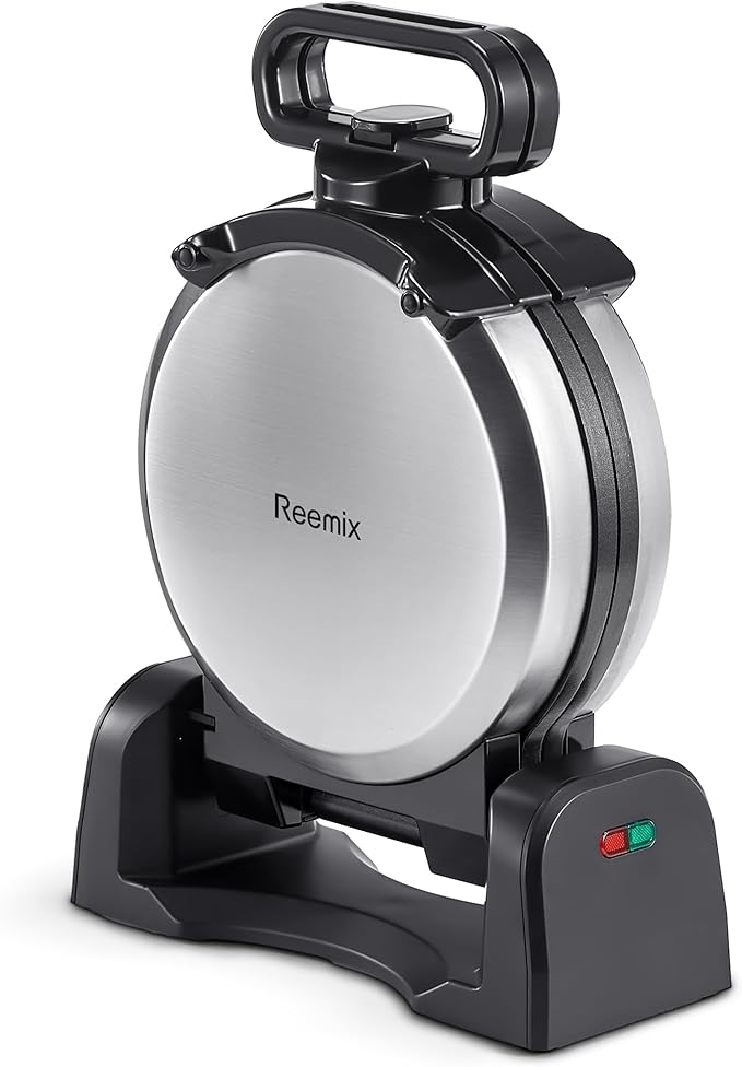 Waffle Maker, Round Classic Belgian Waffle Iron with 180°Rotating Design, Nonstick Plates & Cool Touch Handle, 1080W Fast Heating Waffle Machine, Brushed Stainless, Silver (4 Slices)