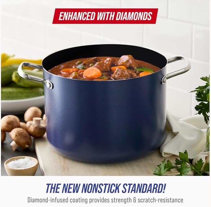 Blue Diamond 8QT Nonstick Stockpot with Glass Lid, PFAS-Free Ceramic, Multipurpose Cooking, Sauces & Soups, Pasta, Boiling & Canning Pot, Dishwasher & Oven Safe, Stainless Steel Handles, Navy