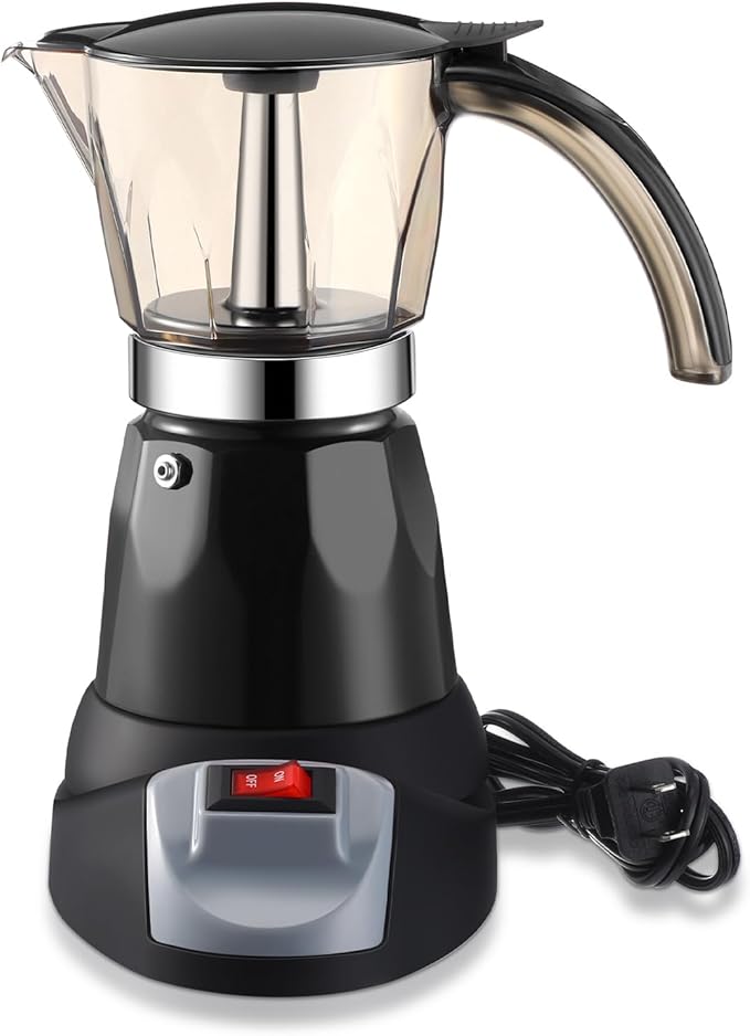 Electric Espresso Maker Transparent Coffee Maker Electric Moka Pot Portable Aluminum Espresso Machine Italian Moka Pot with Detachable Base, Coffee Gift for Women Men Home Travel(Black,6 Cup)