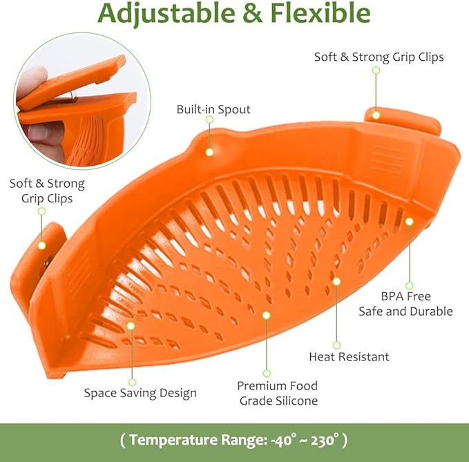 YEVIOR Clip on Strainer for Pots Pan Pasta,Silicone Food Strainer Hands-Free Pan Strainer, Clip-on Kitchen Food Strainer for Spaghetti, Pasta, Ground Beef Fits All Bowls and Pots (Orange)