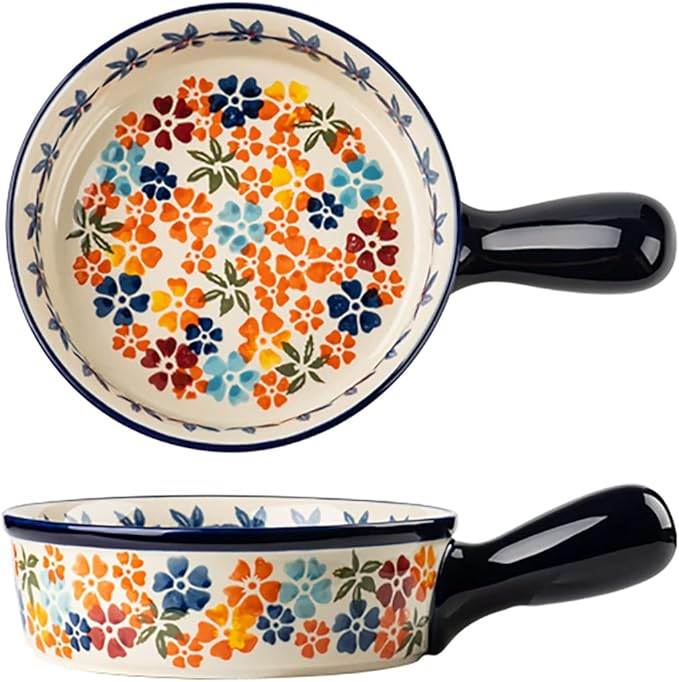 Colorful Cherry Blossom Flowers Vintage Style Ceramic Bakeware Dish Casserole Dish Baking Pan Lasagna Pans with Handles for Oven/Cooking/Kitchen, 1 PCS, 20 oz
