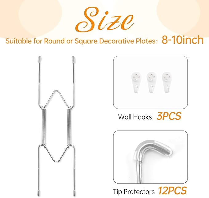 3 Pack Plate Hangers for The Wall, Suitable for 8-10 inch Art Plate, Stainless Steel Invisible Heavy Duty Wire Plate Holder with Wall Hooks, Plate Hangers for Displaying Plates, Platter, Dish, Silver