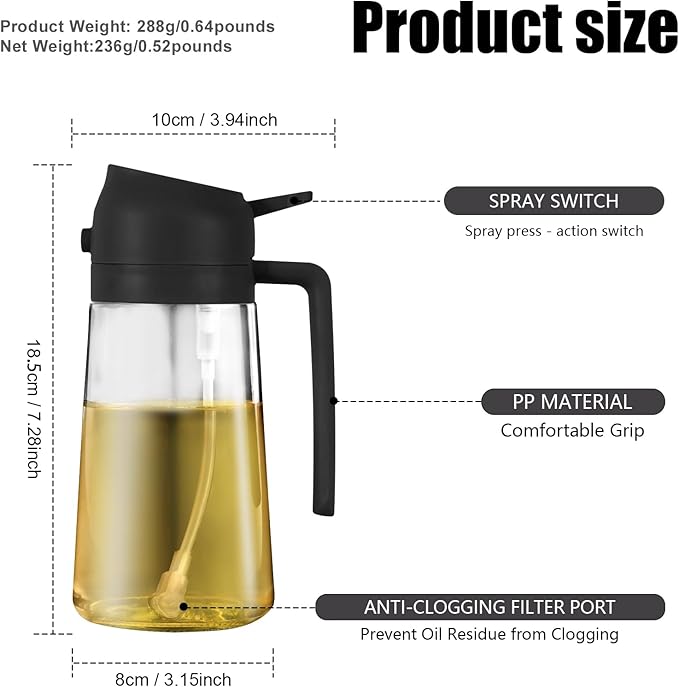 2 in 1 Glass Oil Sprayer & Dispenser,16oz/470ml Olive Cooking, Air Fryer, and Salad, for Kitchen Gadgets and Air Fryer Accessories, w/Stickers (Black)