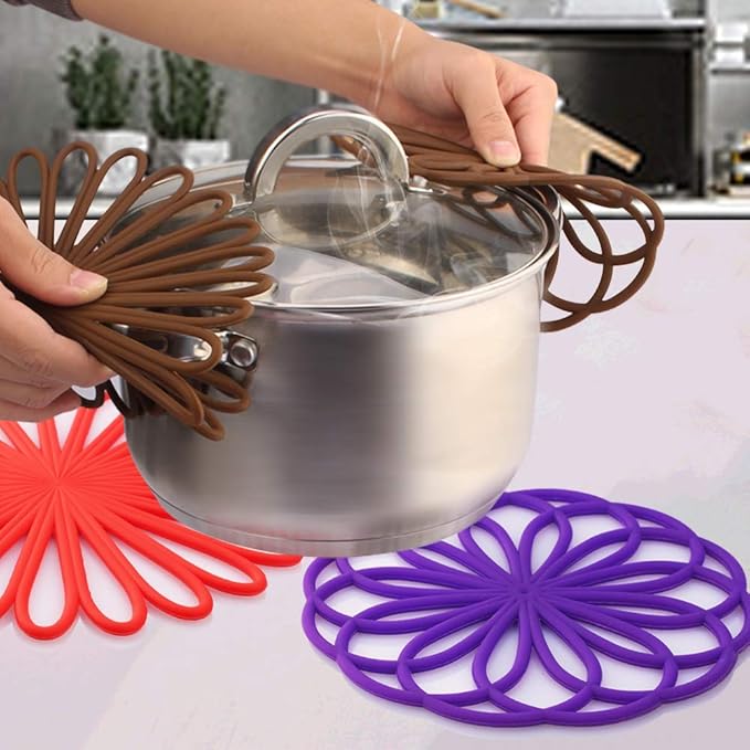 ME.FAN Silicone Trivet Mat - Kitchen Hot Pads for Pots & Dish - Insulated Teapot Trivet - Flexible, Durable, Non-Slip Large Coasters 3 Set Deep Purple
