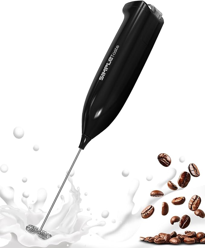 SIMPLETASTE Milk Frother Handheld Electric Foam Maker, Drink Mixer with Stainless Steel Whisk for Cappuccino, Bulletproof Coffee, Latte, Midnight Black, without Stand, Battery Operated