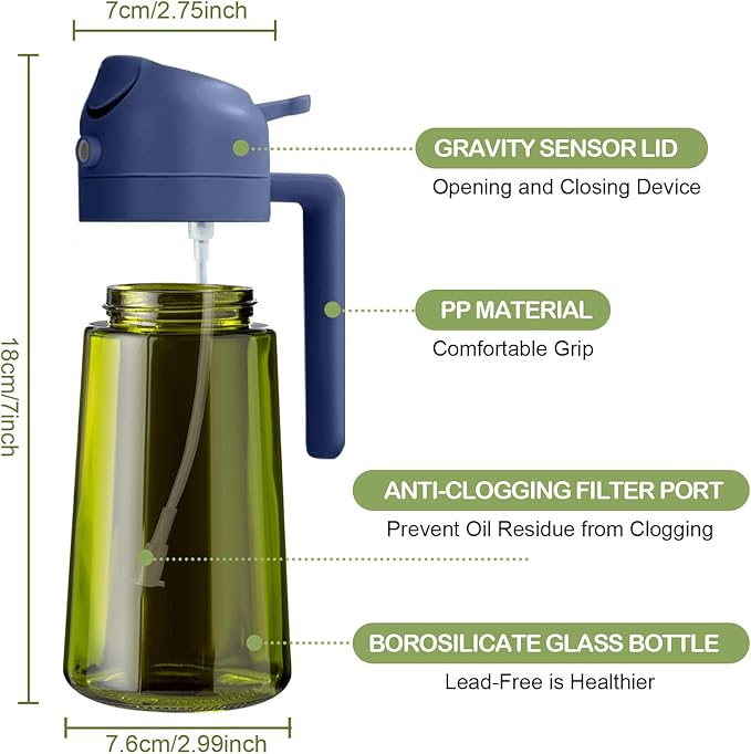 YARRAMATE 16oz/470ml Dark Green Oil Sprayer for Cooking with Stickers, Food-grade Premium 2 in 1 Olive Oil Dispenser Bottle for Kitchen Gadgets, Air Fryer, Salad, Frying, BBQ (Navy)