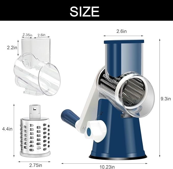 Cambom Rotary Cheese Grater Hand Crank Cheese Shredder for Fresh Cheese, Vegetable, Nuts,Non-slip Suction Base, Free Cleaning Brush Three Blades,Deep Blue