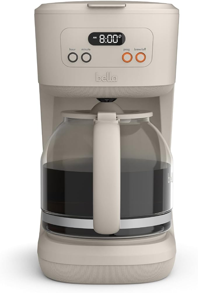 BELLA 12 Cup Programmable Coffee Marker, Reusable Dishwasher Safe Accessories, Easy LCD diaply, Auto Shutoff, 900 watt, Oatmilk