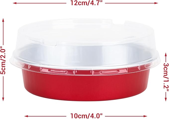 Beasea Disposable Mini Pie Tins with Lids, 100 Pack 4” 8oz Bright Red Aluminum Baking Foil Tins Small Round Tart Container for Individual Dessert Cupcake Muffin Cheesecake Ramekin Quiche Oven Dishes