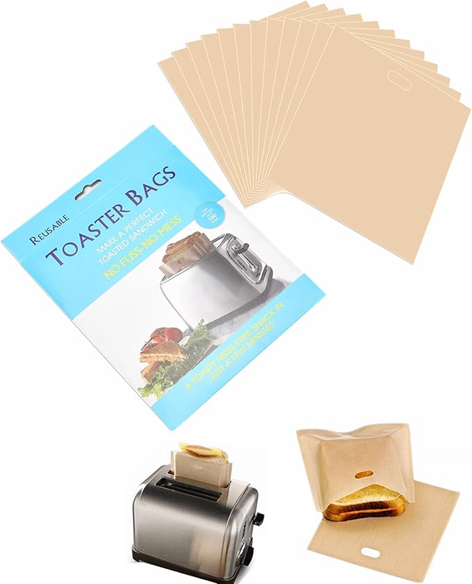 12 Pack Non Stick Toaster Sandwich Bags Reusable and Heat Resistant Easy to Clean,Washable Toaster Bags for Toaster Microwave Grill Cheese Sandwiches,Toast Bags for Toast Sandwich Panini Snacks(12)