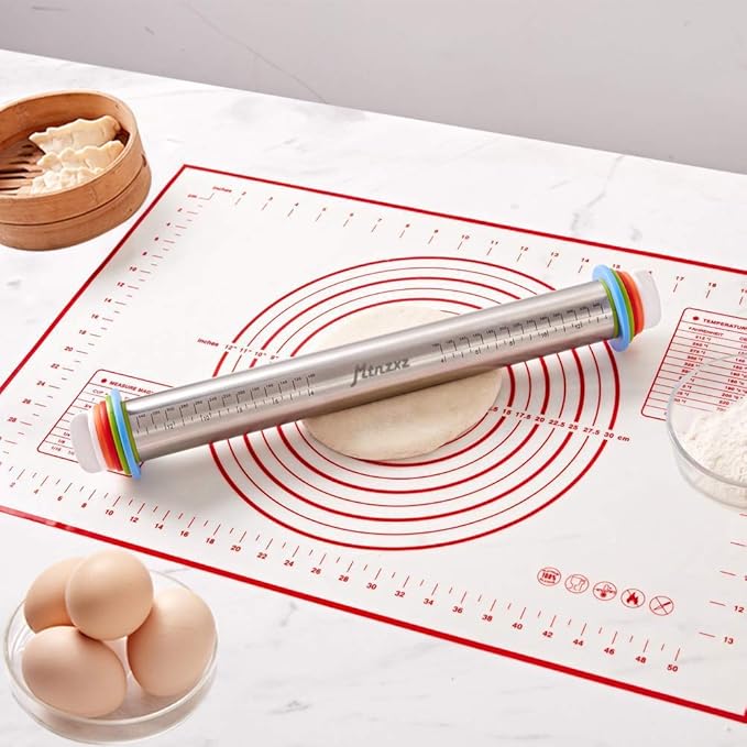 Rolling Pin and Silicone Baking Pastry Mat Set, Stainless Steel Dough Roller, Rolling Pins with Adjustable Thickness Rings, for Baking Fondant, Pizza, Pie, Pastries, Pasta, Cookies