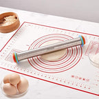 Rolling Pin and Silicone Baking Pastry Mat Set, Stainless Steel Dough Roller, Rolling Pins with Adjustable Thickness Rings, for Baking Fondant, Pizza, Pie, Pastries, Pasta, Cookies