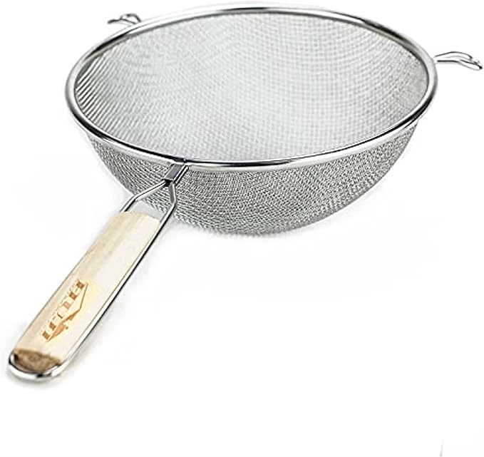 Huji 8-Inch Stainless Steel Double Mesh Food Strainer Colander - Fine Sieve Sifter with Wooden Handle for Kitchen Cooking, Pasta, Rice, Noodles, and More