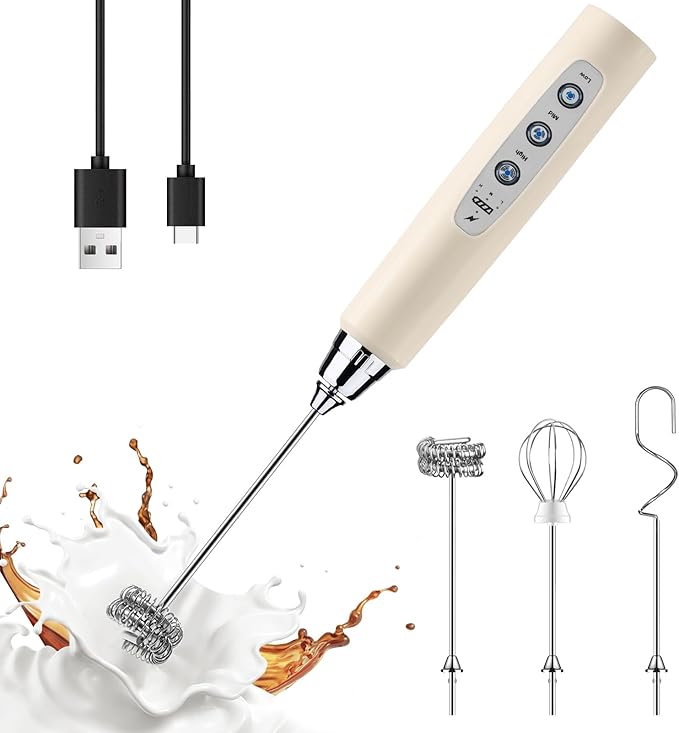 YUSWKO Beige Handheld Milk Frother Wand for Coffee, Rechargeable Electric Whisk with 3 Heads 3 Speeds Drink Mixer Coffee Frother For Latte, Cappuccino, Hot Chocolate, Egg