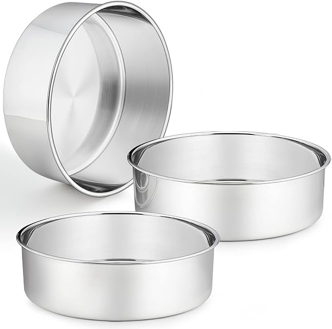 P&P CHEF 8 Inch Cake Pans Set, Round Baking Pan Stainless Steel Layer Birthday Wedding Cake Oven Pans, Non Toxic & Heavy Duty, Deep Side & Mirror Finish, Dishwasher Safe, (3Pcs)