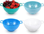 Baderke 4 Pack Mini Colander for Kitchen Plastic Berry Strainer with Double Handles 7.5 x 6 x 3 Inch Small Colander Strainer for Fruits Vegetables Food(Light Blue, Army Green, White, Blue)