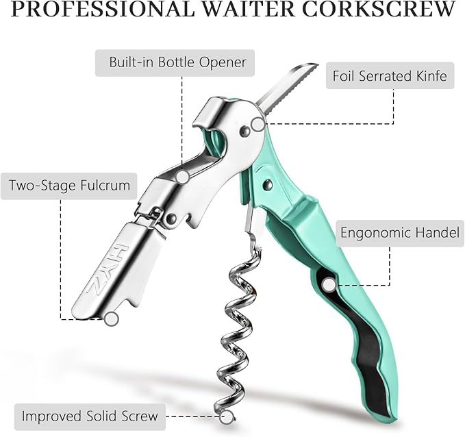 HYZ 2-Pack Wine Opener Waiter Corkscrew, Professional Wine Key for Servers, Bartender with Foil Cutter, Manual Wine Bottle Opener Double Hinged (Mint Green)