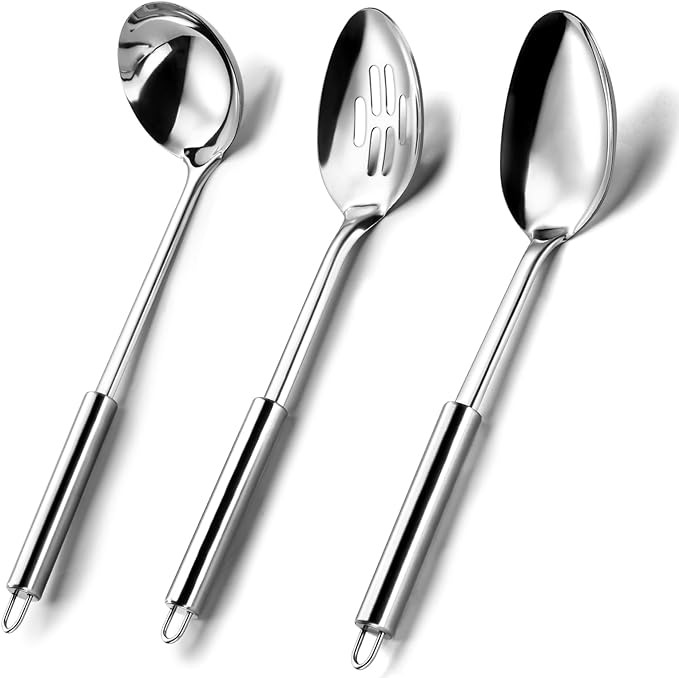 Pleafind Serving Utensils Set for Parties,3-Piece Silver Stainless Steel utensils set,Includes 1 Serving Spoon, 1 Slotted Spoon and 1 Soup Ladle,Serving Spoons for Buffet