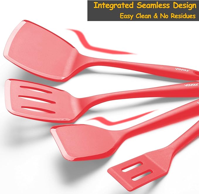 Silicone Spatula Set, 600°F Heat Resistant Silicone Spatula Turner Flipper for Cooking, Non Stick and Non Scratch Kitchen Utensils for Eggs & Pancakes, 4 Pack, Red
