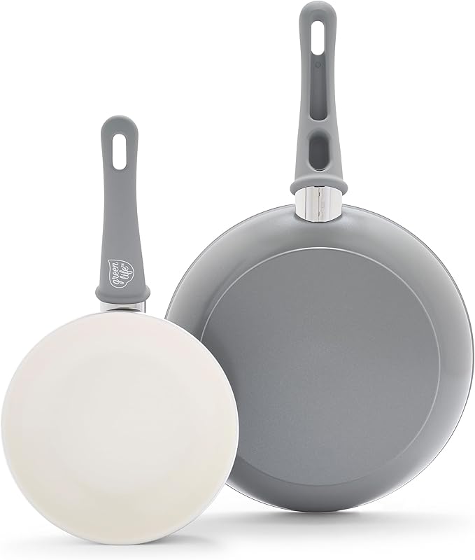 GreenLife Non Stick Fry Pan Set (7" & 10"), Non-Toxic PFAS-Free Ceramic Skillets, Dishwasher & Oven Safe, Egg Omelet Frying Pans, Stay- Cool Handles, Kitchen Home Cooking Essentials, Gray