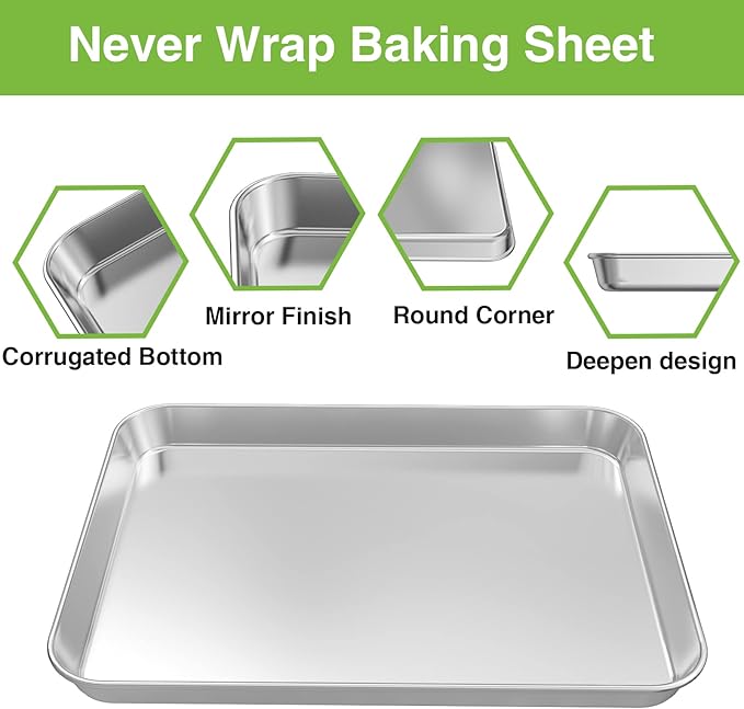 Stainless Steel Baking Pan, Large Cookie Sheet Set for Toaster Oven Tray Pans by Umite Chef, Superior Mirror Finish, Easy Clean, Dishwasher Safe, 12 x 10 x 1 inch, 3 Piece/set