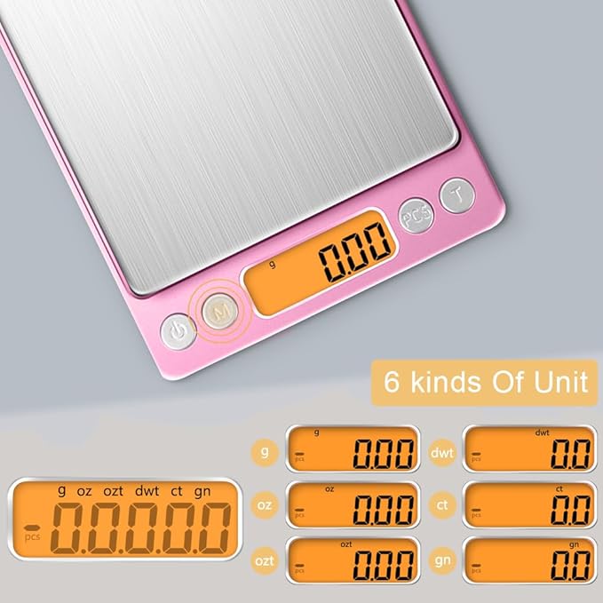 0.01g High Precision Kitchen Food Scale, Diyife 500g Portable Digital Scale with LCD Display, Tare, Multifunctional Gram Scale Weight for Cooking, Baking, Jewelry, 2 Tray, Batteries Included, Pink