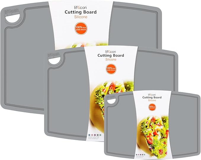 Liflicon Silicone Thick Cutting Boards Mats Set of 3 Foldable & Flexible Design Juice Grooves Easy Grip Handle Dishwasher Safe for Kitchen,BPA free Silicone Cutting Board-Gray