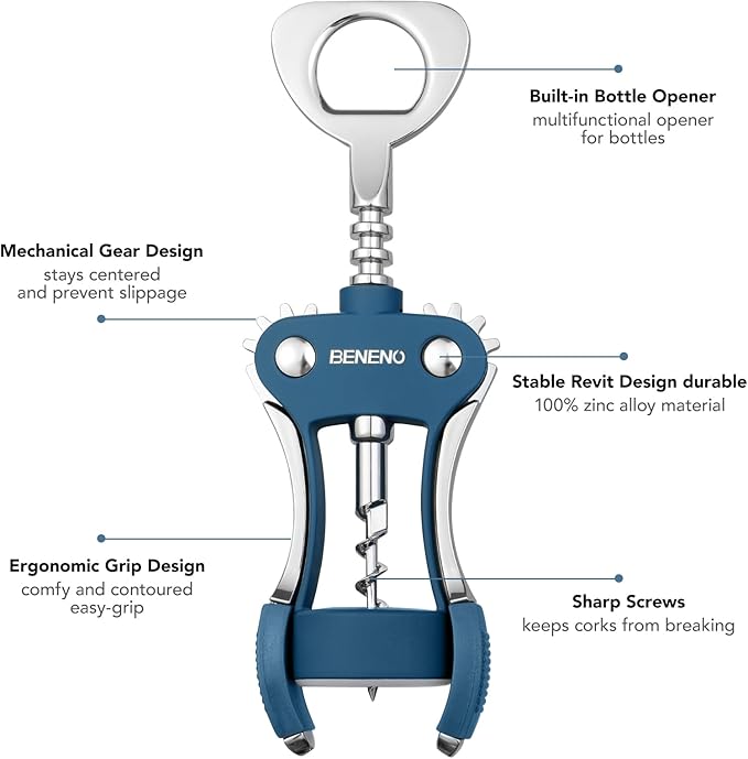 Beneno Wine Opener, Zinc Alloy Premium Wing Corkscrew with Multifunctional Bottles Opener, Sharp Wine Corkscrew with Ergonomic Non-Slip Wing Handle, Blue