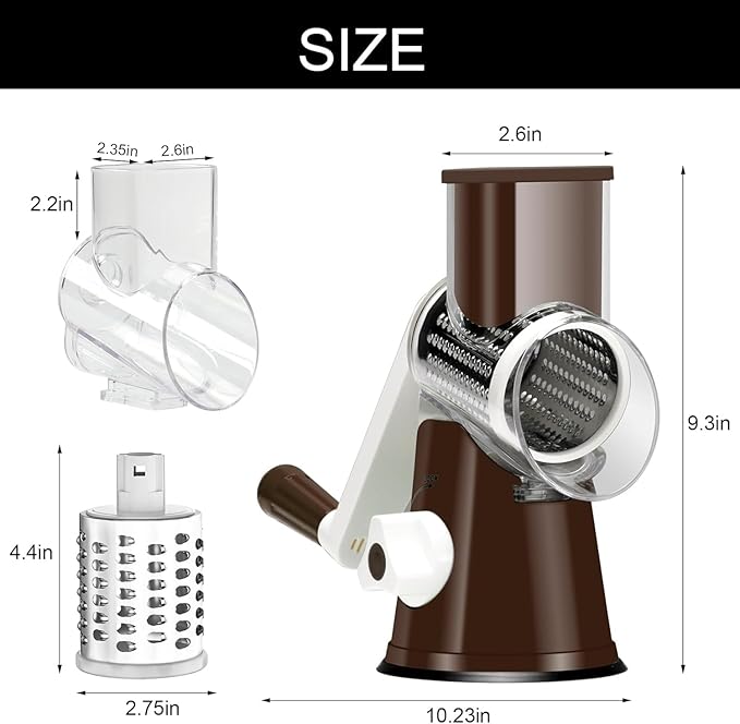 Cambom Rotary Cheese Grater Hand Crank Cheese Shredder for Fresh Cheese, Vegetable, Nuts,Non-slip Suction Base, Free Cleaning Brush Three Blades, Coffe Color