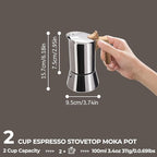 Uncoated 2 Cup Moka Pot 304 Thickened Stainless Steel Coffee Maker Stovetop Espresso Coffeemaker Italian Classic Style Brewing Greca Cafe Mocha Machine for Cafeteras Camping Travel Home 100ml 3.3oz