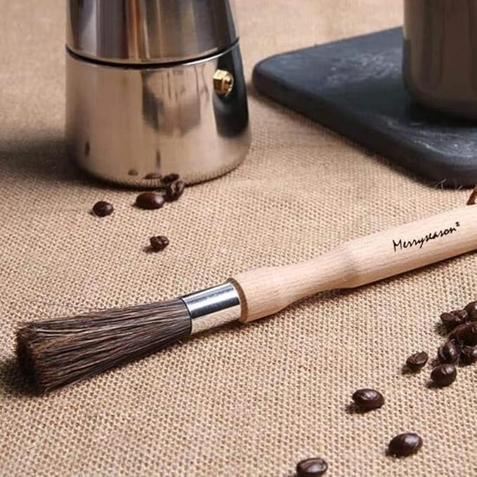 Coffee Grinder Cleaning Brush - Espresso Maker/Machine Cleaner Tool for Home Kitchen Barista - Beechwood Wood Handle, Natural Boar Bristles, Leather Hanging Loop, 8"