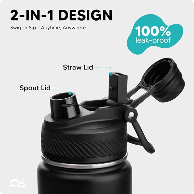 Swigina [2-IN-1 LID] Insulated Water Bottle with Silicone Boot (36hrs Cold/18hrs Hot) - DIY Stickers, Leakproof, BPA Free, Black, 24 oz