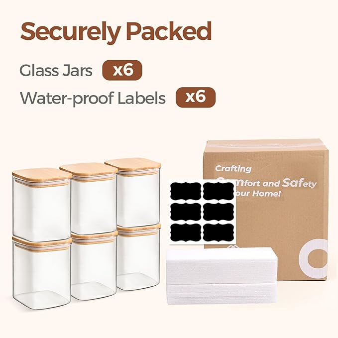 ComSaf 0.8 Qt Glass Food Storage Jars Set of 6, Clear Storage Containers with Airtight Lids, Pantry Organization Jar, Spice Jar, Blooming Tea, Oat, Coffee and Sugar Container, Canister Set for Kitchen
