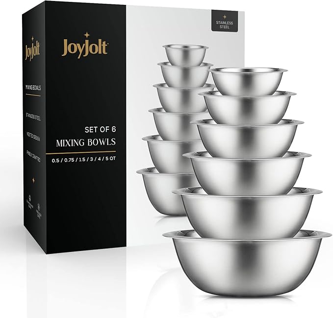 JoyJolt Stainless Steel Mixing Bowl Set - 6 Piece Nesting Bowls, 5qt to 0.5qt, Ideal for Kitchen, Cooking, Baking and Storage
