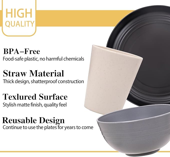 Rubtlamp Wheat Straw Dinnerware Sets, 16PCS Plastic Dinnerware Set for 4, Wheat Straw Plates and Bowls Sets, Unbreakable Dinnerware Plastic Microwave Safe Dishes Set for Kitchen&Camping