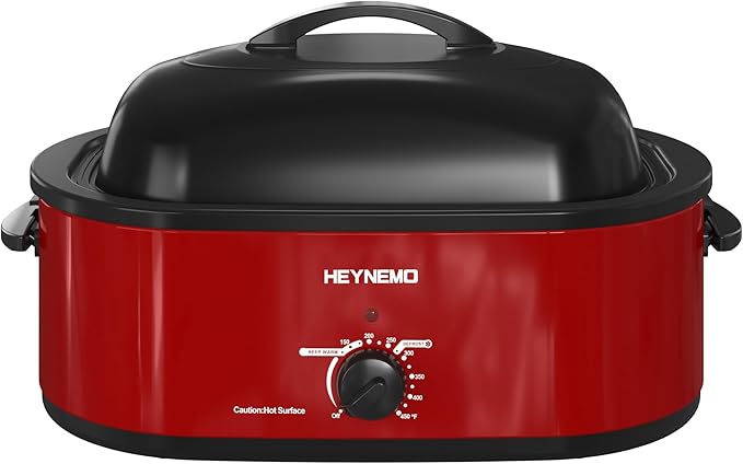 18 Quart Roaster Oven with Self-Basting Lid, Electric Turkey Roaster Oven with Defrost & Warm Function, Adjustable Temperature, Removable Pan & Rack, Stainless Steel, Red