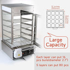 5-Tier Electric Bun Steamer, Commercial Stainless Steel Food Warmer Display with Automatic Temperature Control, for Buns, Baozi, Siomai, Corn, Buffet, Kiosk, Restaurant