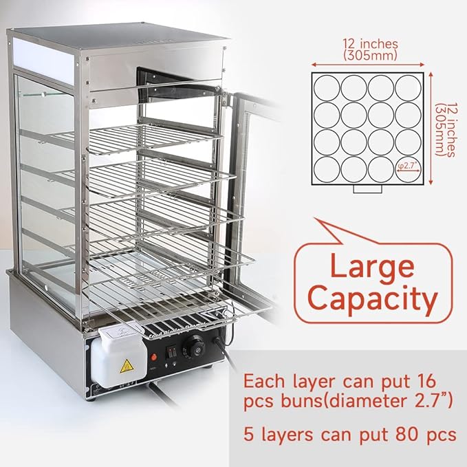 5-Tier Electric Bun Steamer, Commercial Stainless Steel Food Warmer Display with Automatic Temperature Control, for Buns, Baozi, Siomai, Corn, Buffet, Kiosk, Restaurant