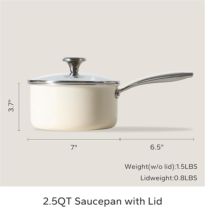 Redchef Ceramic Sauce Pan with Lid, 2.5QT Small Saucepan, Nonstick Cooking Pot with Stay-Cool Handle, Kitchen Non Toxic Soup Pot, PTFE & PFOA Free, Oven Dishwasher Safe, Compatible All Stovetops-Beige