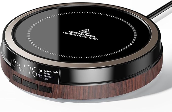 Coffee Mug Warmer for Desk, 50W Fast Heating Cup Warmer with Smart Display, 4 Temps & 12H Timer, Auto Shut Off for Tea, Milk, Hot Drinks - Wood Effect