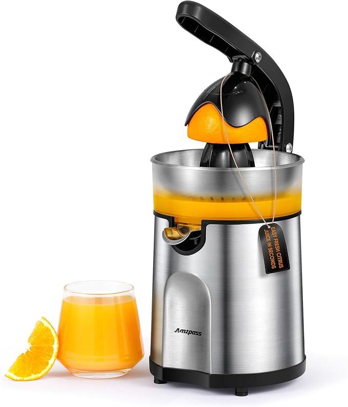 Electric Orange Juicer, Citrus Juicer Squeezer with 2 Interchangeable Cones, 160W Electric Juicer Machine with Stainless Steel Body & Transparent Juice Collector for Lime Grapefruit Lemon