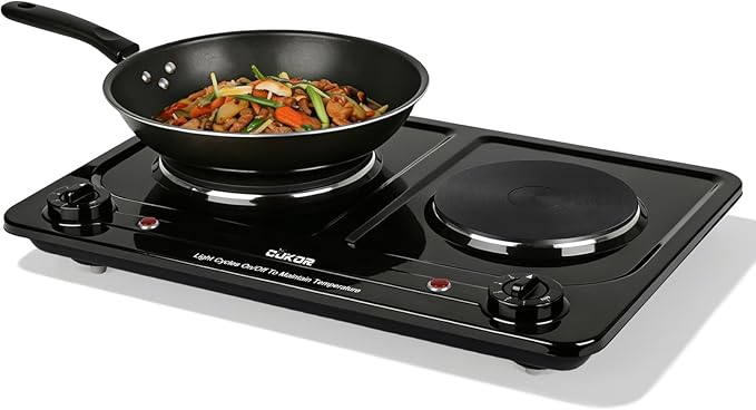Double Burner Electric Hot Plate, 1800W Cast Iron Heating with Adjustable Temperature Control, Stainless Steel Body for Home, Dorm & Commercial Use
